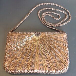 Brown Beaded Evening Shoulder Bag with Satin Lining 8.5"x5.5"